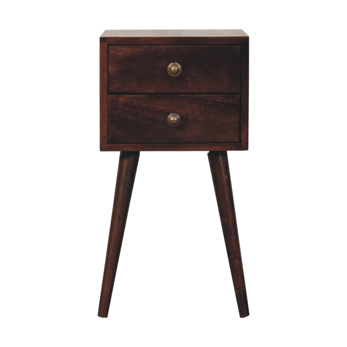 Mini 2 drawer California walnut bedside table, front view, 30 x 30 x 57 cm