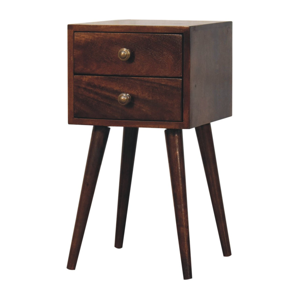 Mini walnut bedside, three-quarter view from the left
