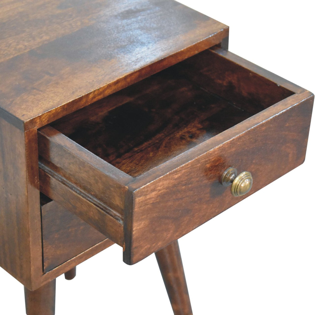 Mini walnut bedside with the drawer open