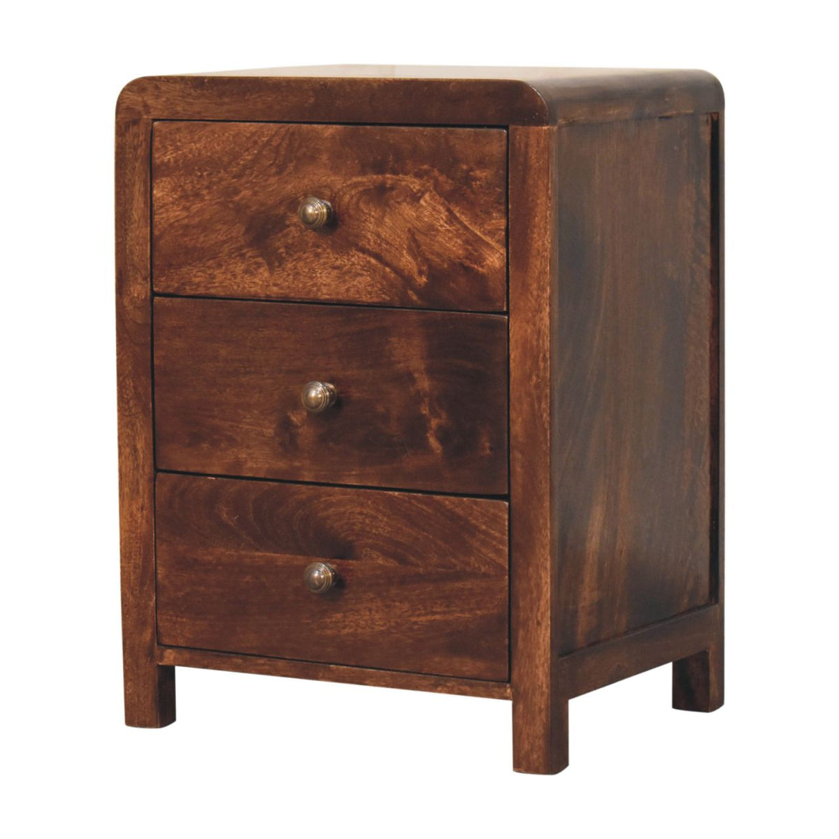 California Walnut Naya 3 drawer bedside table, three-quarter view from the left, dark mango wood