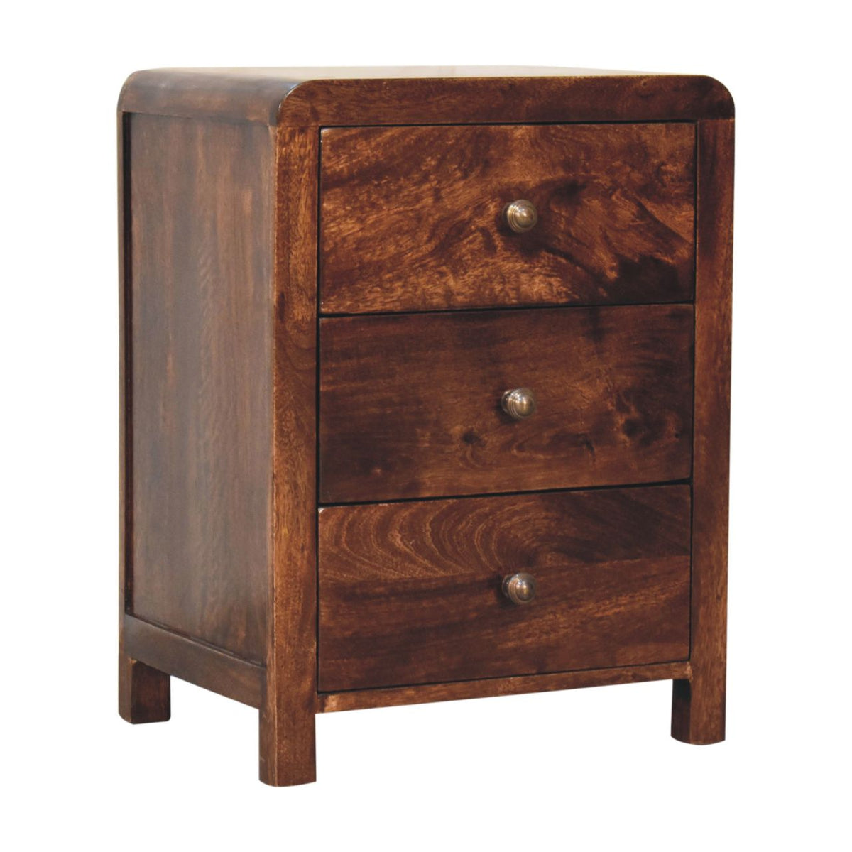 California Walnut Naya bedside table, three-quarter view from the right with brass-tone knobs
