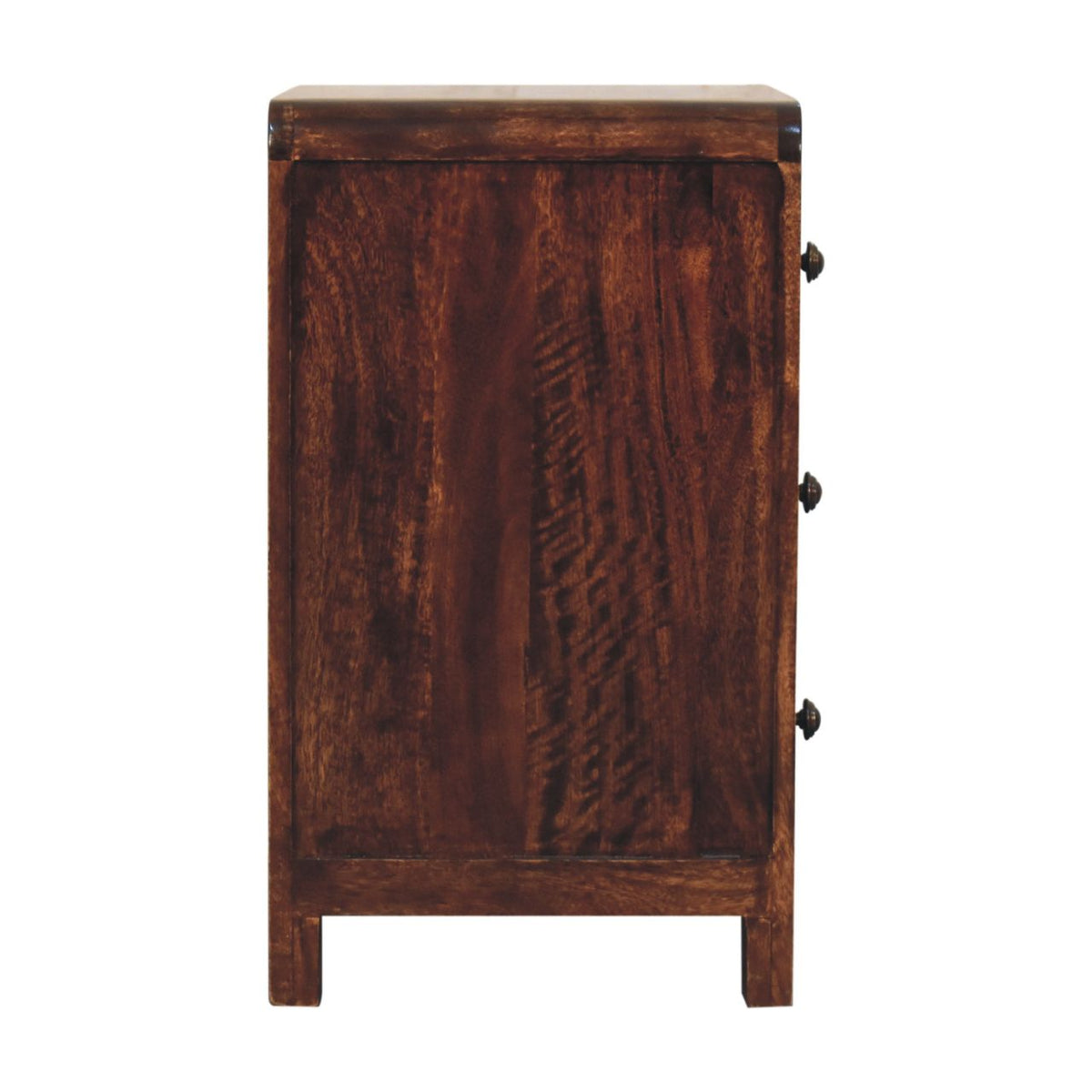 Side view of the California Walnut Naya bedside table showing the three knobs and block legs