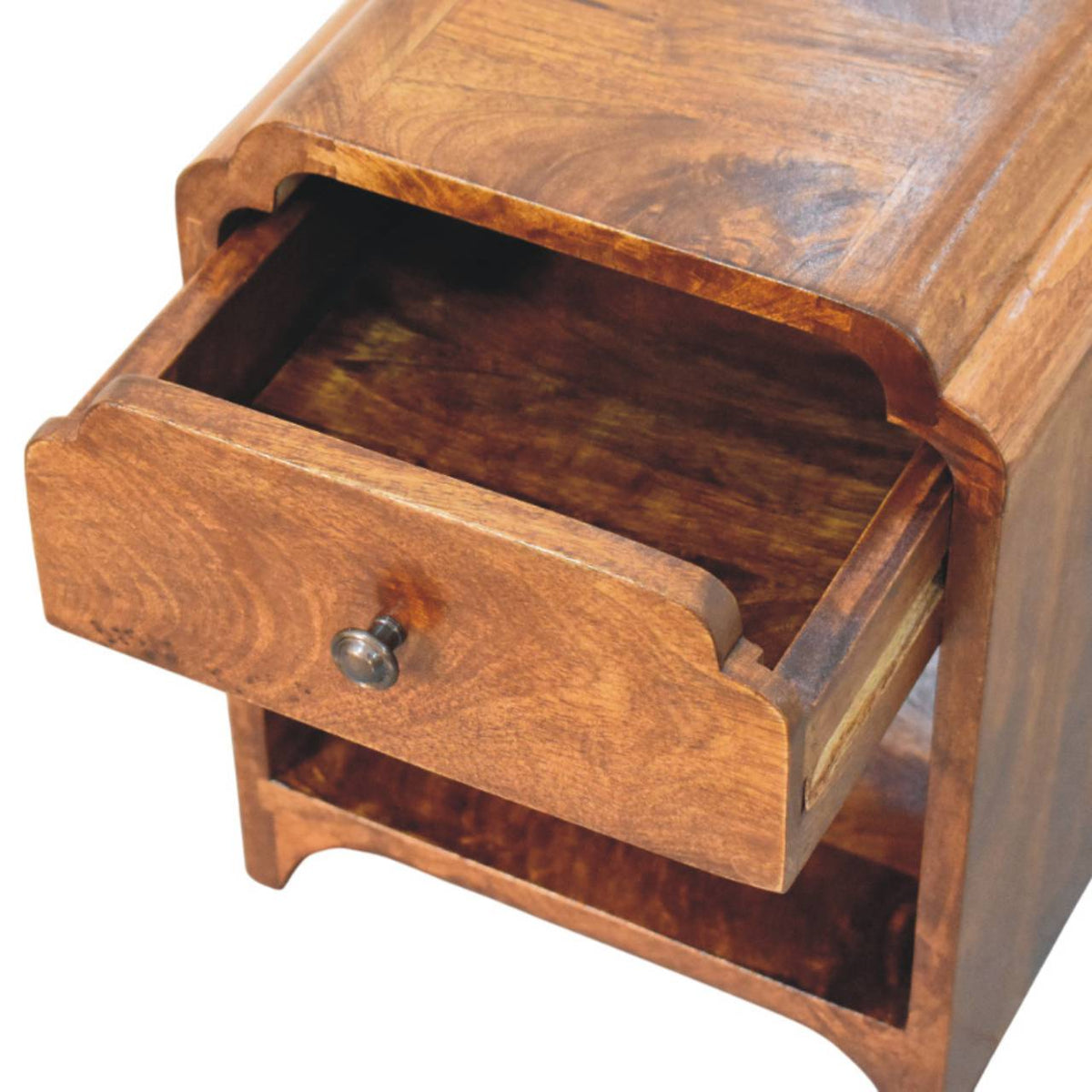 Lune chestnut nightstand with drawer open
