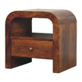 Darent Chestnut nightstand with curved top, open shelf and one drawer, front view, 45 x 35 x 45 cm