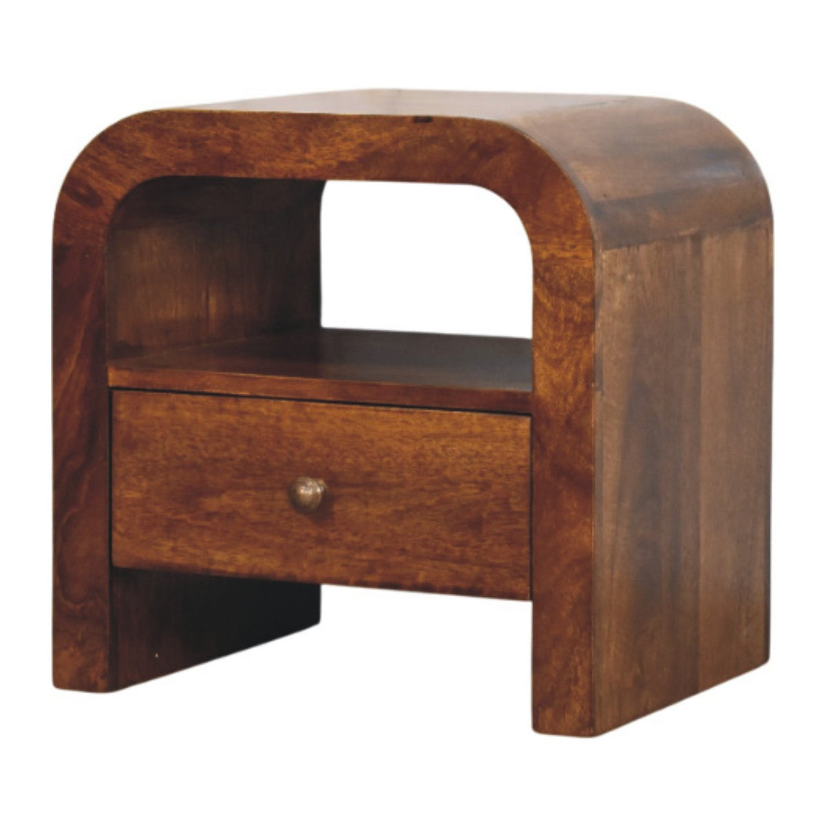 Darent Chestnut nightstand with curved top, open shelf and one drawer, front view, 45 x 35 x 45 cm