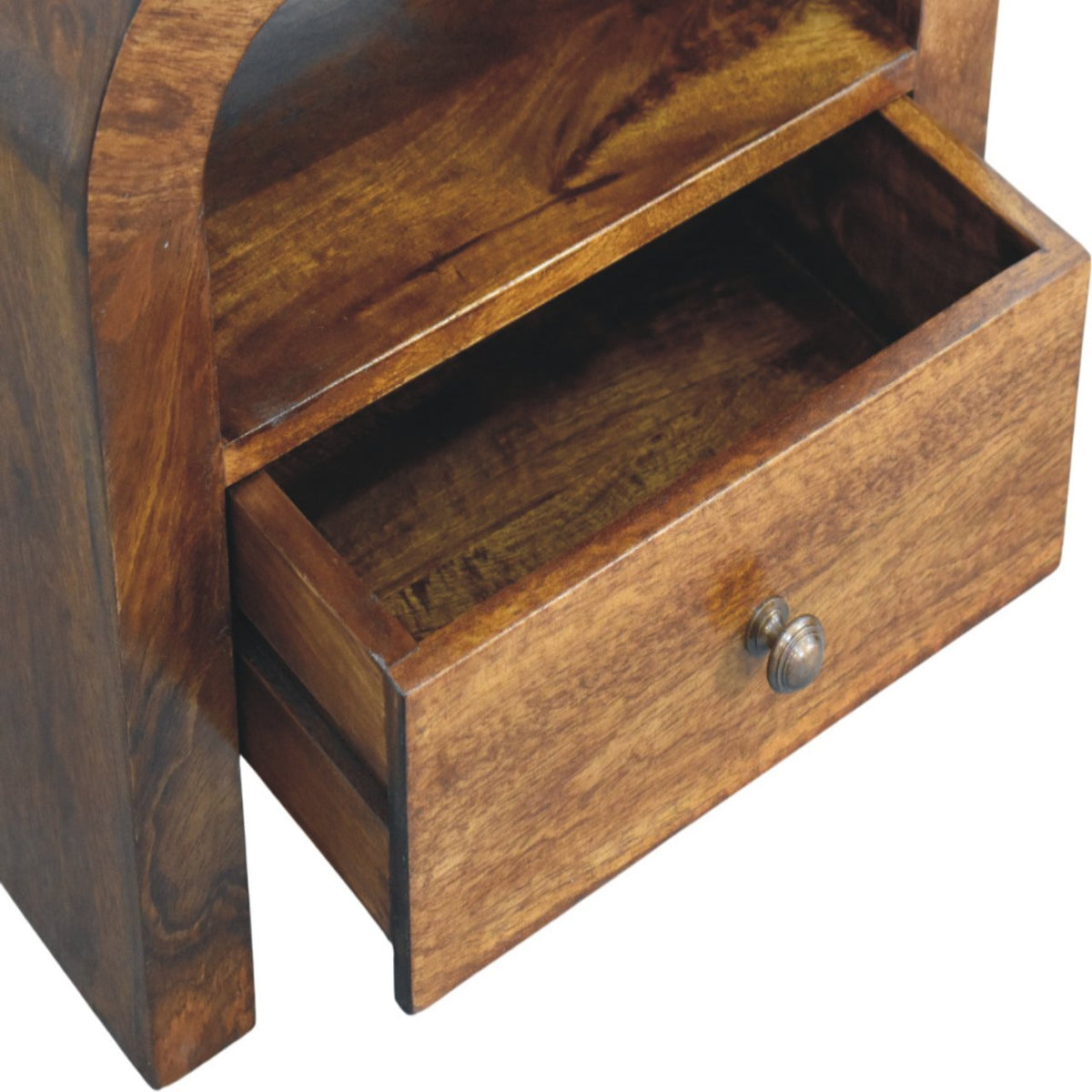 Darent Chestnut nightstand with the drawer pulled open