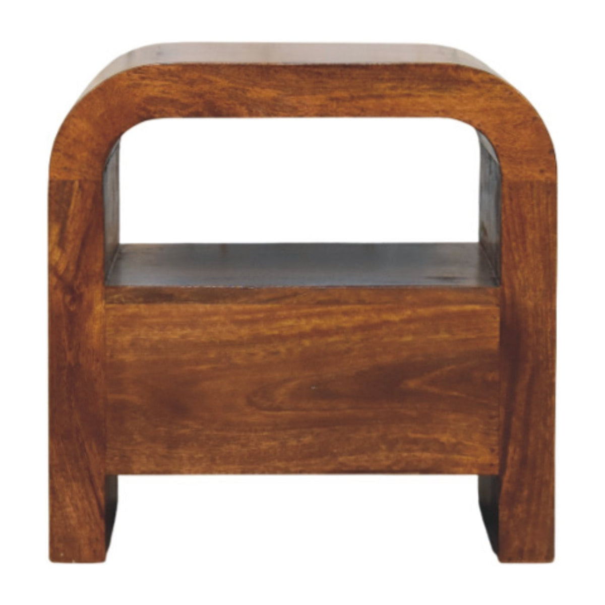 Darent Chestnut nightstand, front view showing the arched frame