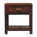 Chestnut bedside table with one drawer, a brass bar handle and an open lower shelf, front view
