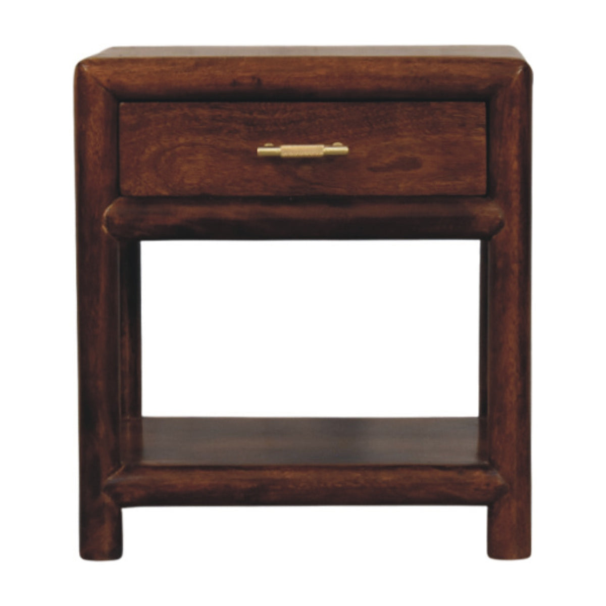 Chestnut bedside table with one drawer, a brass bar handle and an open lower shelf, front view