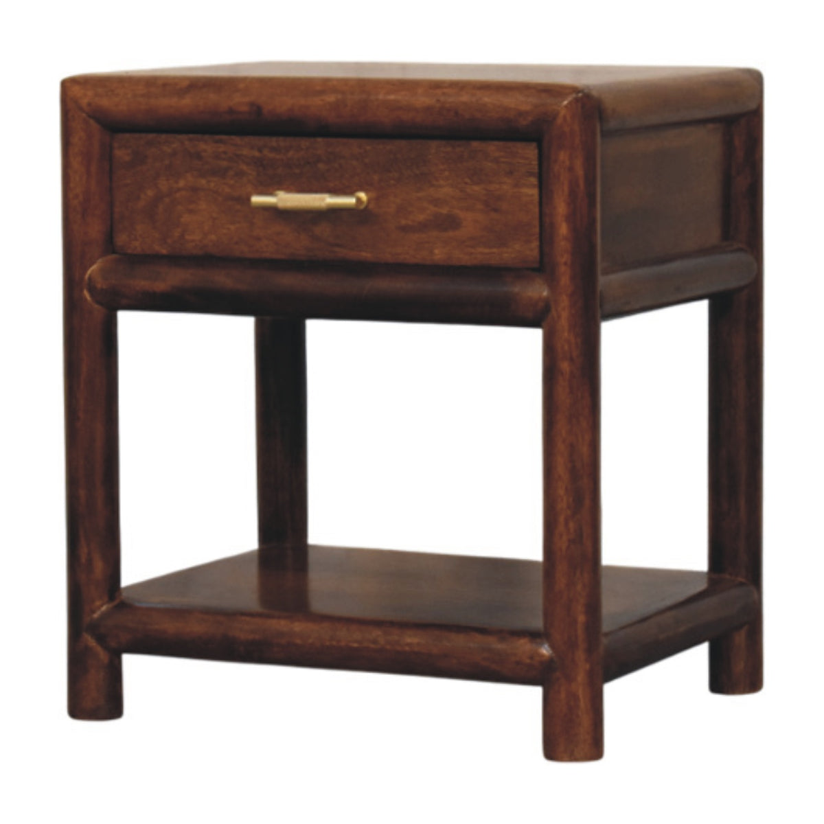 Chestnut bedside table with one drawer and an open lower shelf, three-quarter view