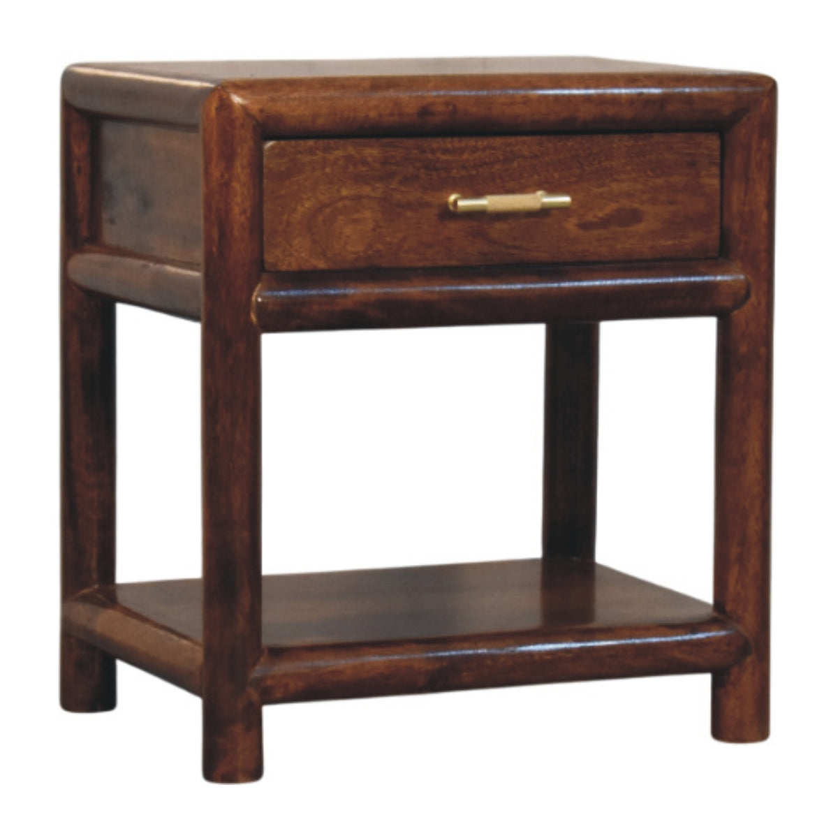 Chestnut bedside table with one drawer and an open lower shelf, three-quarter view from the other side