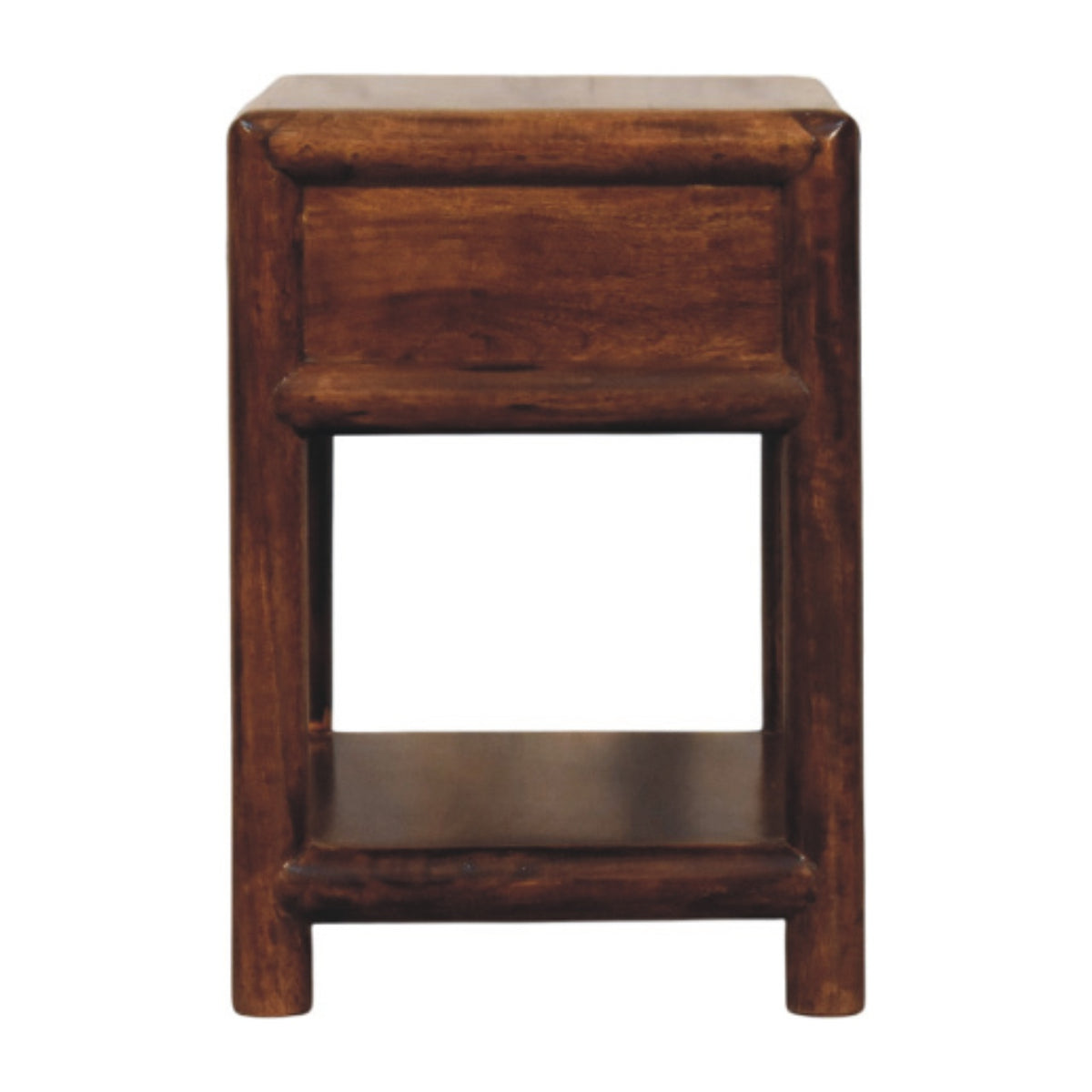 Side view of the chestnut bedside table showing the open lower shelf and round legs