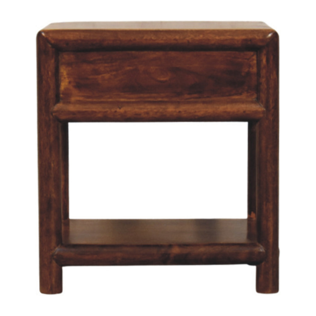Back view of the chestnut bedside table with plain back under the drawer and open lower shelf