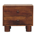 Chestnut bedside table with two drawers and round knobs on four round block legs, front view