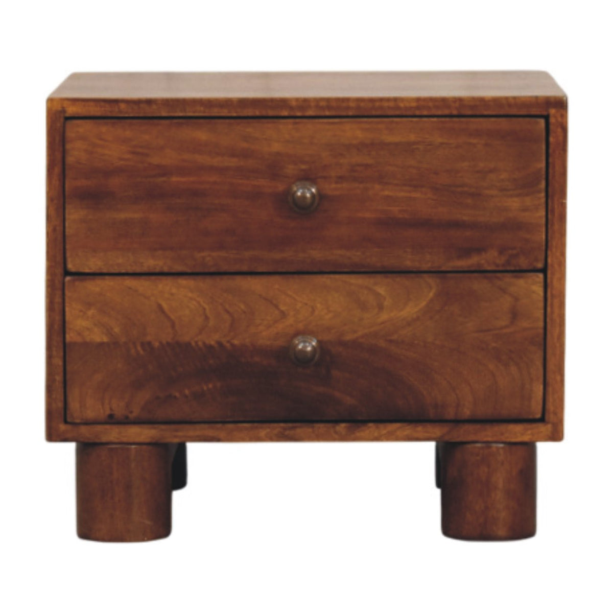 Chestnut bedside table with two drawers and round knobs on four round block legs, front view
