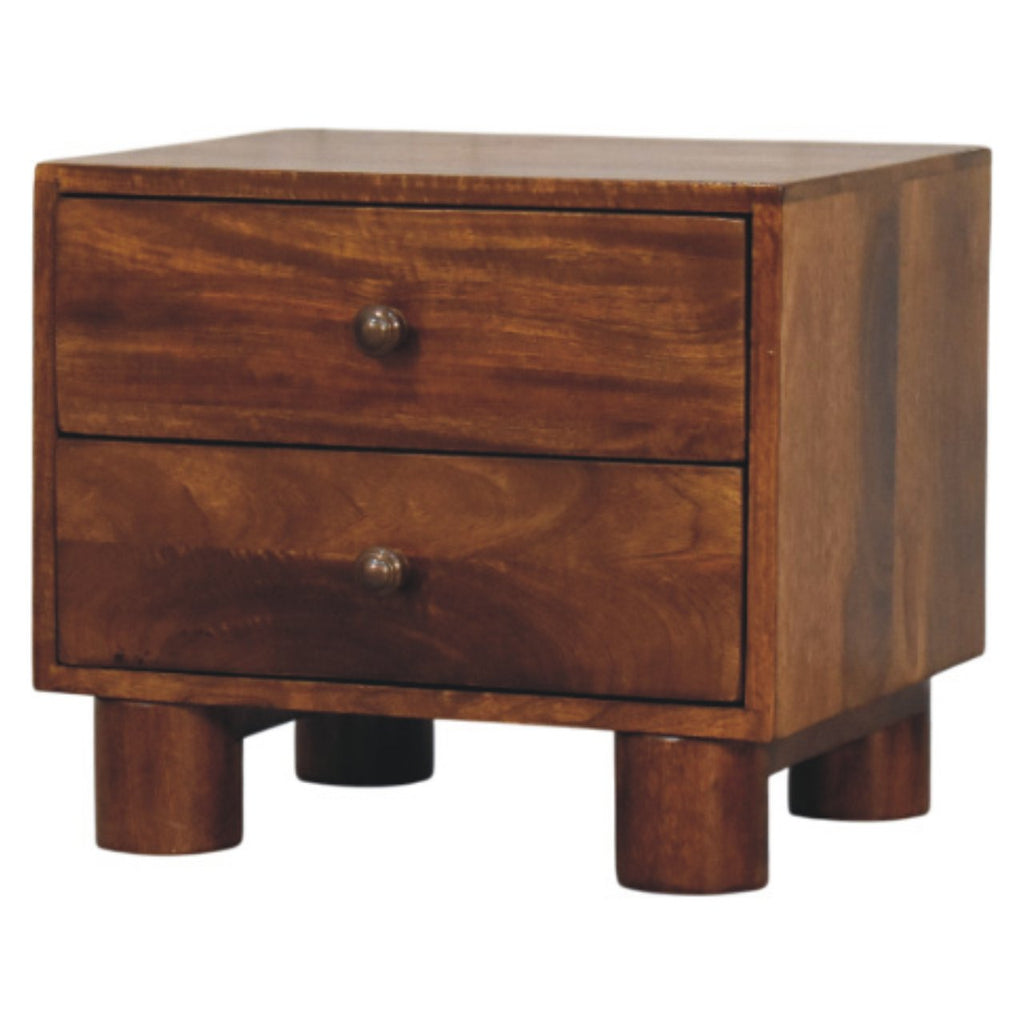 Chestnut bedside table with two drawers, three-quarter view showing the side panel and block legs