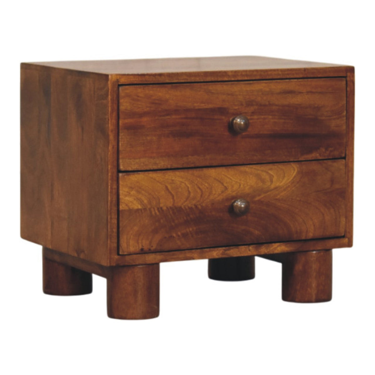 Chestnut bedside table with two drawers, three-quarter view from the other side