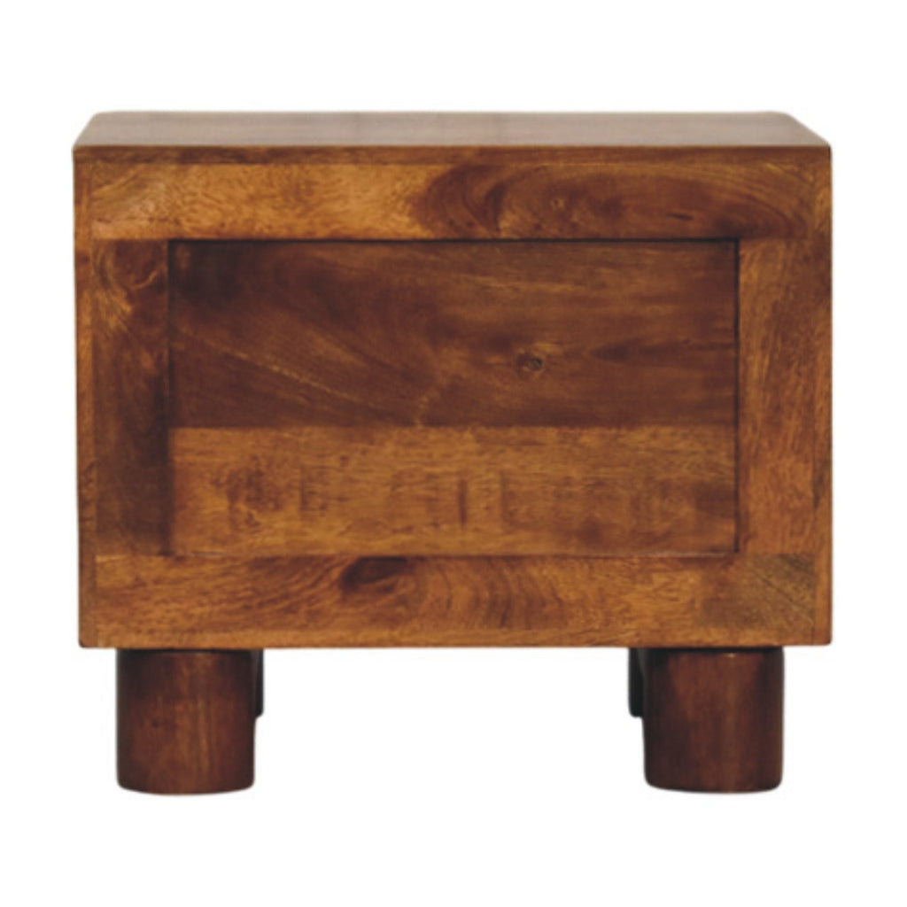 Back view of the chestnut bedside table with a framed back panel and block legs