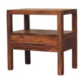Rattan nightstand in Honey Caramel mango wood, front three-quarter view, 55 x 35 x 55 cm