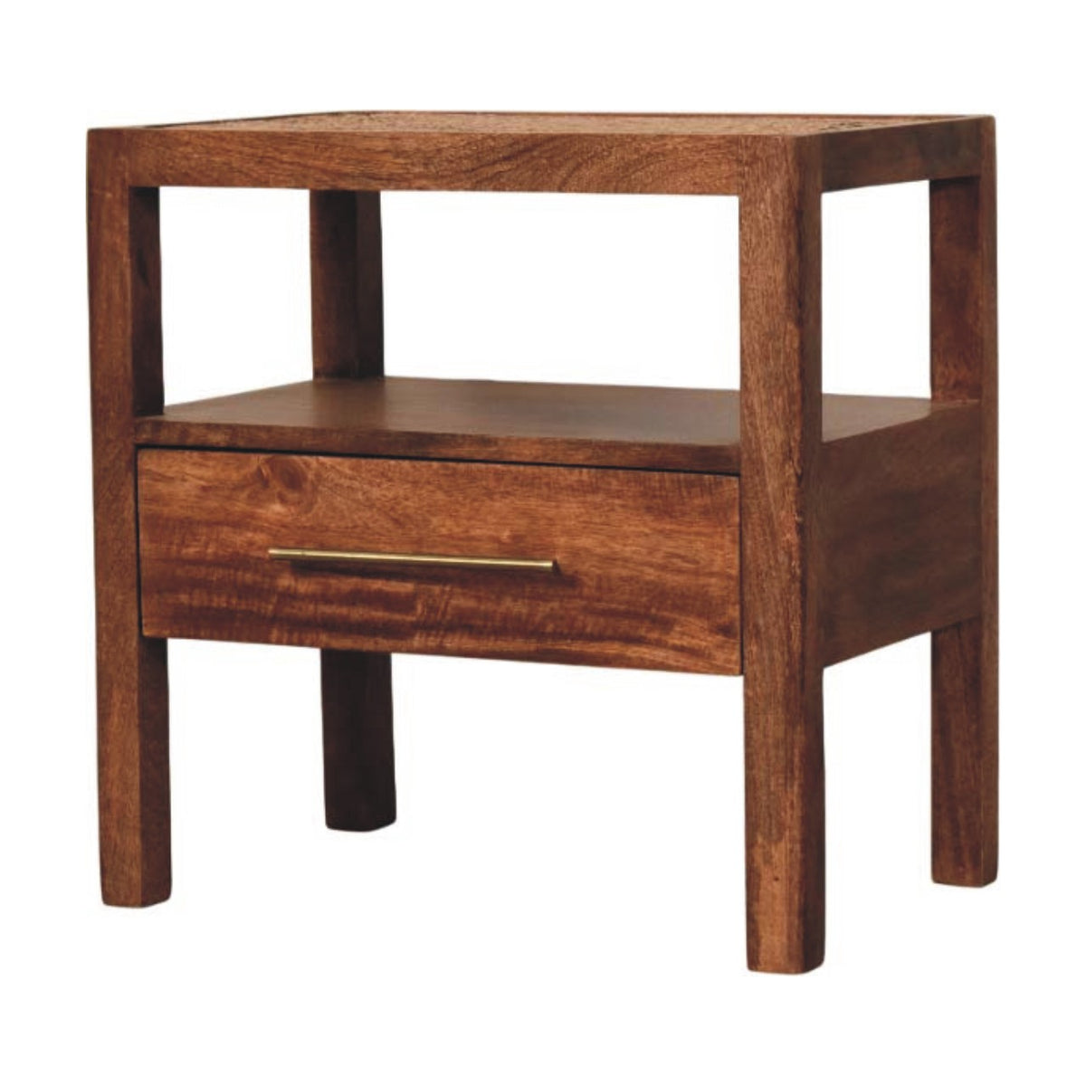 Rattan nightstand in Honey Caramel mango wood, front three-quarter view, 55 x 35 x 55 cm