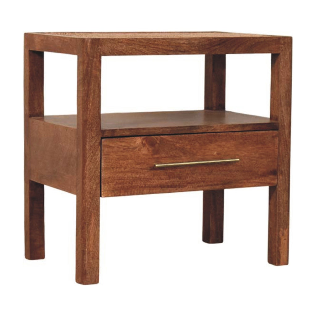 Rattan nightstand, opposite three-quarter view showing drawer and open shelf
