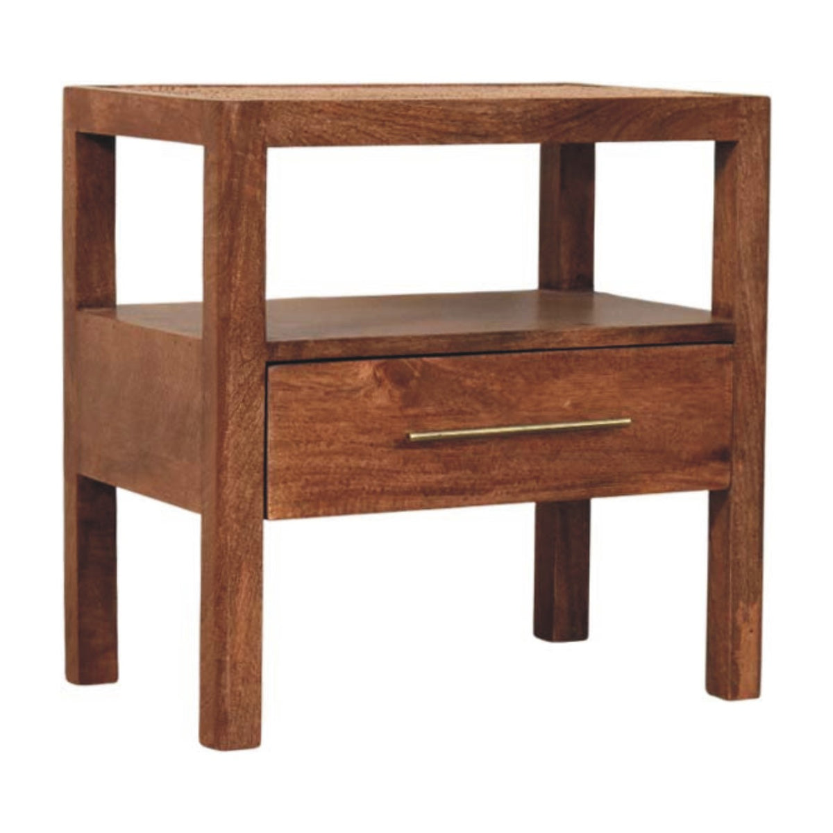 Rattan nightstand, opposite three-quarter view showing drawer and open shelf