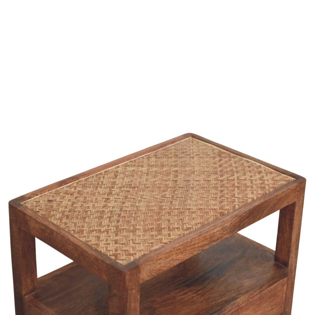 Rattan nightstand seen from above showing the woven rattan top