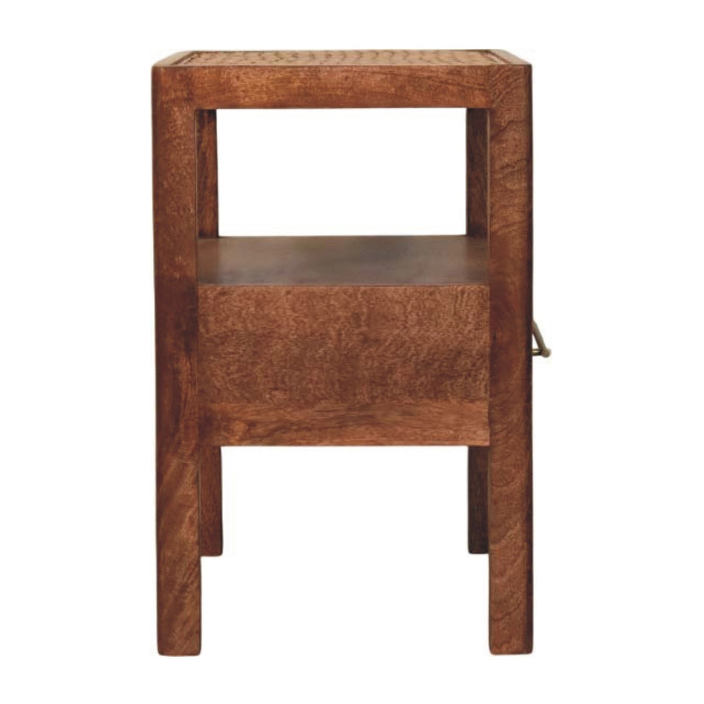 Side view of the Rattan nightstand with four square legs