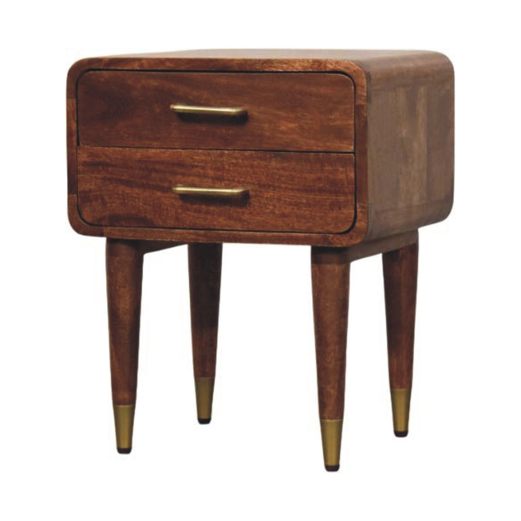 Dove two-drawer bedside table in Roasted Almond finish, front view, 45 x 35 x 55 cm