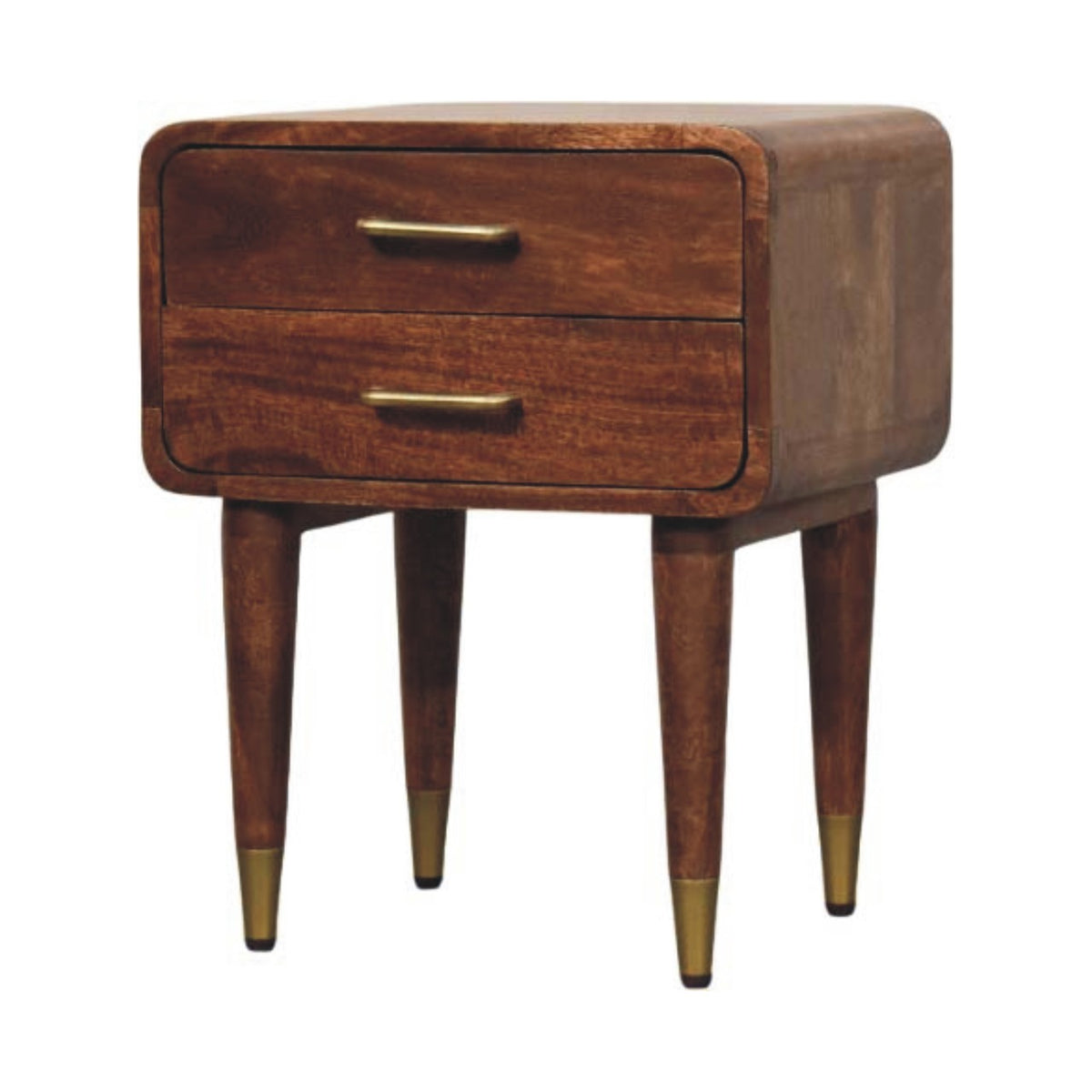 Dove two-drawer bedside table in Roasted Almond finish, front view, 45 x 35 x 55 cm