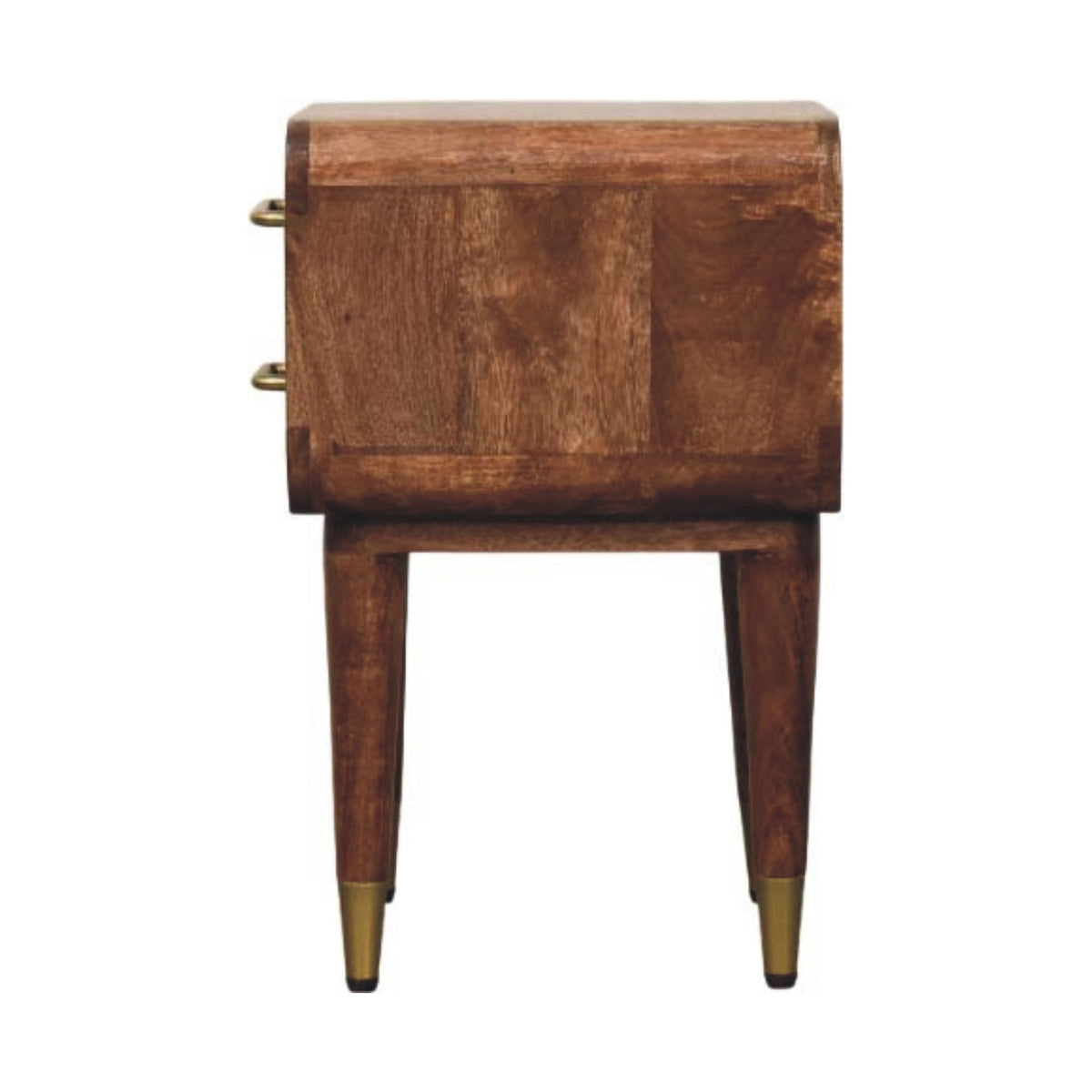 Side view of the Dove bedside with brass-tipped legs