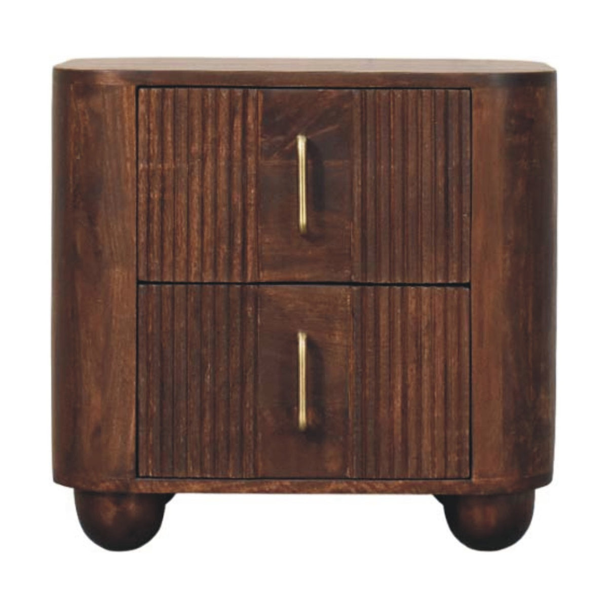 Dark walnut-brown bedside table with two fluted drawers, brass bar handles and round ball feet, front view