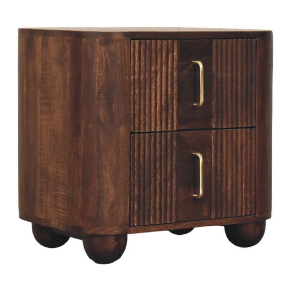 Dark walnut-brown fluted two-drawer bedside table with rounded corners, three-quarter view showing the side panel and ball feet
