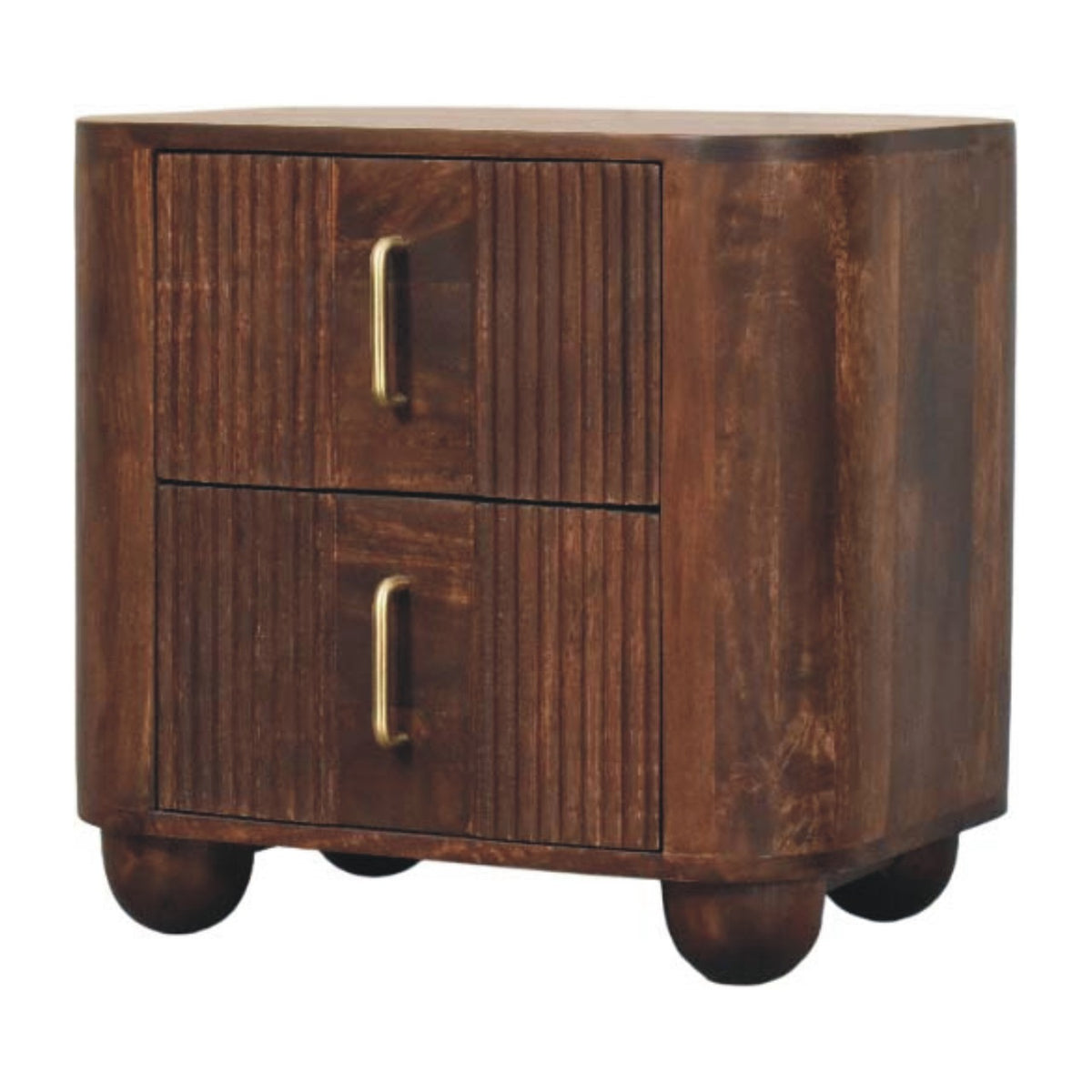Dark walnut-brown fluted two-drawer bedside table, three-quarter view from the other side