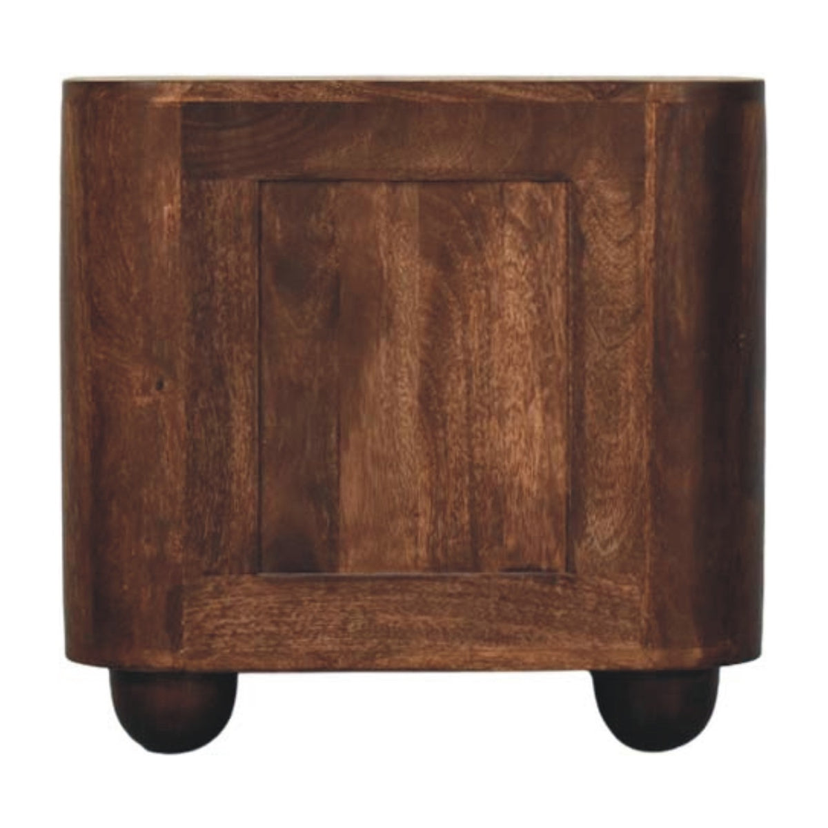 Back view of the dark walnut-brown bedside table with a framed back panel and ball feet