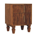 Fluted bedside table with two fluted drawers and brass bar handles, three-quarter view