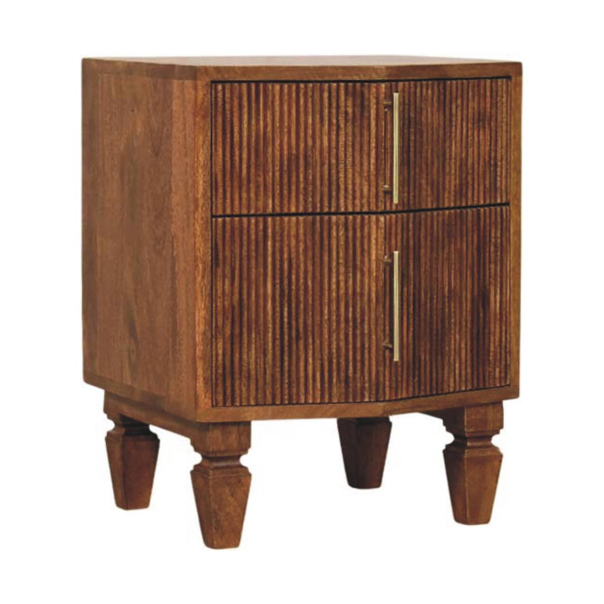 Fluted bedside table with two fluted drawers and brass bar handles, three-quarter view