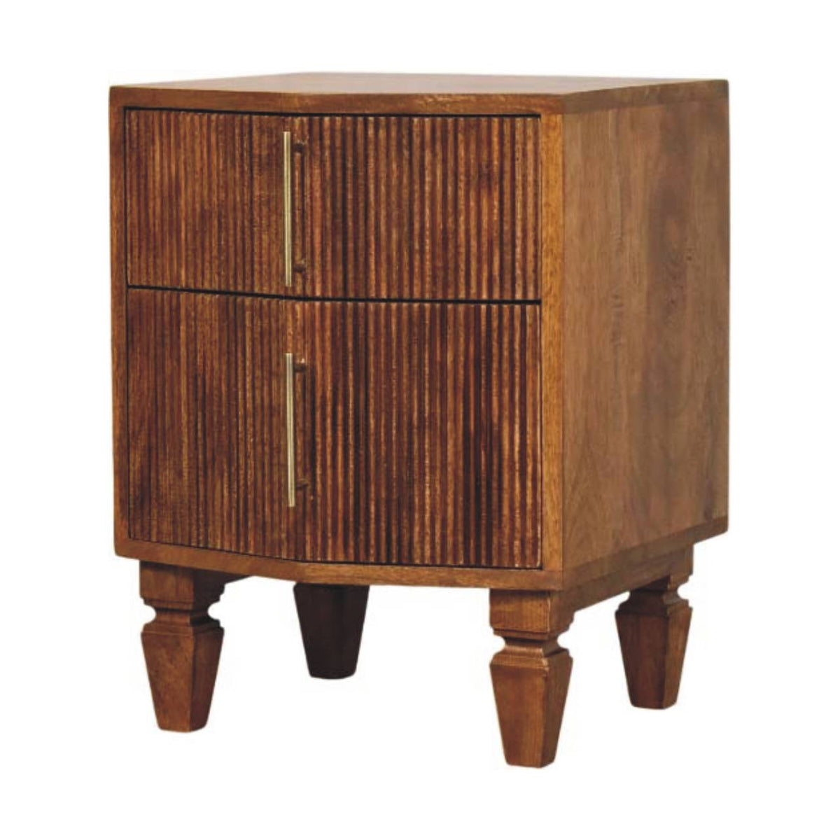 Fluted bedside table, three-quarter view from the other side showing the angled front