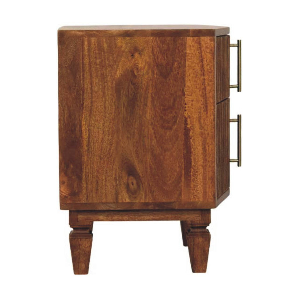 Side view of the Fluted bedside table with tapered legs and drawer handles