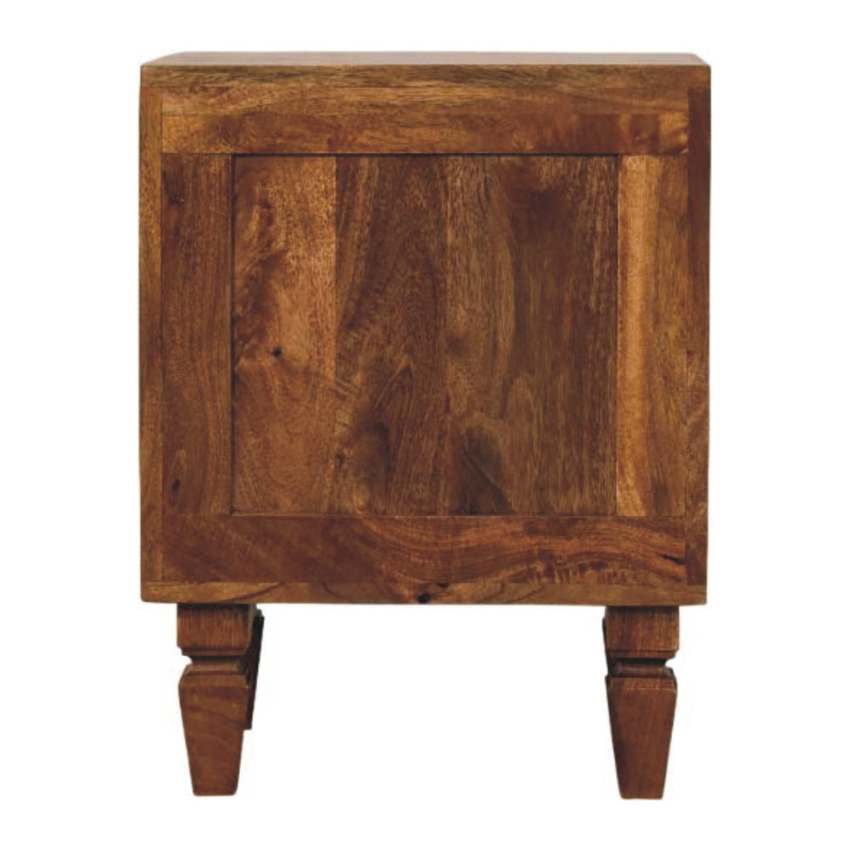 Back view of the Fluted bedside table, plain framed panel and tapered legs