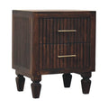 Fluted 2 drawer nightstand in dark mango wood, three-quarter view with brass bar handles