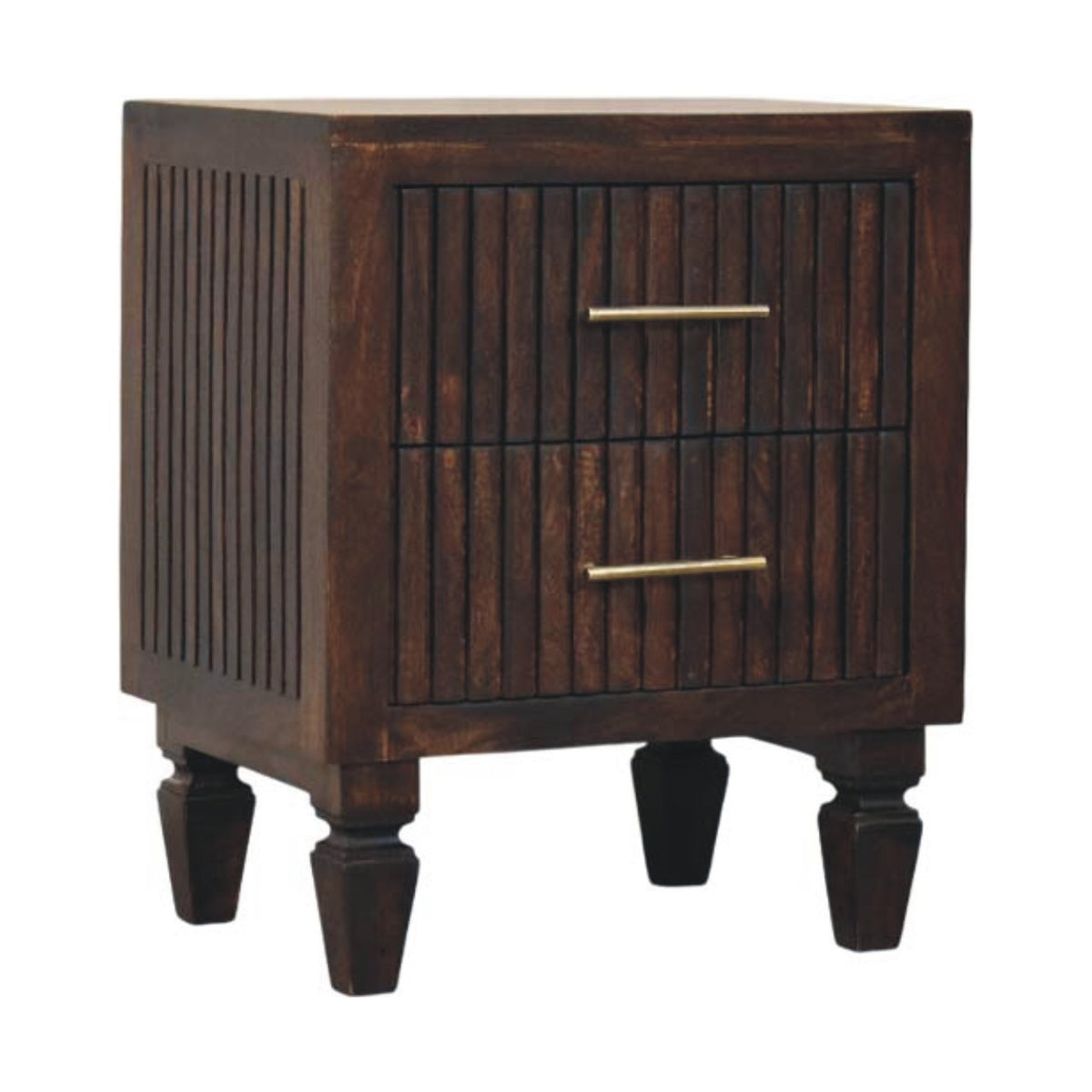 Fluted 2 drawer nightstand in dark mango wood, three-quarter view with brass bar handles