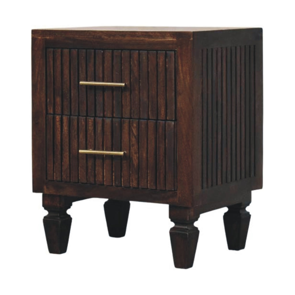 Fluted 2 drawer nightstand, three-quarter view from the other side