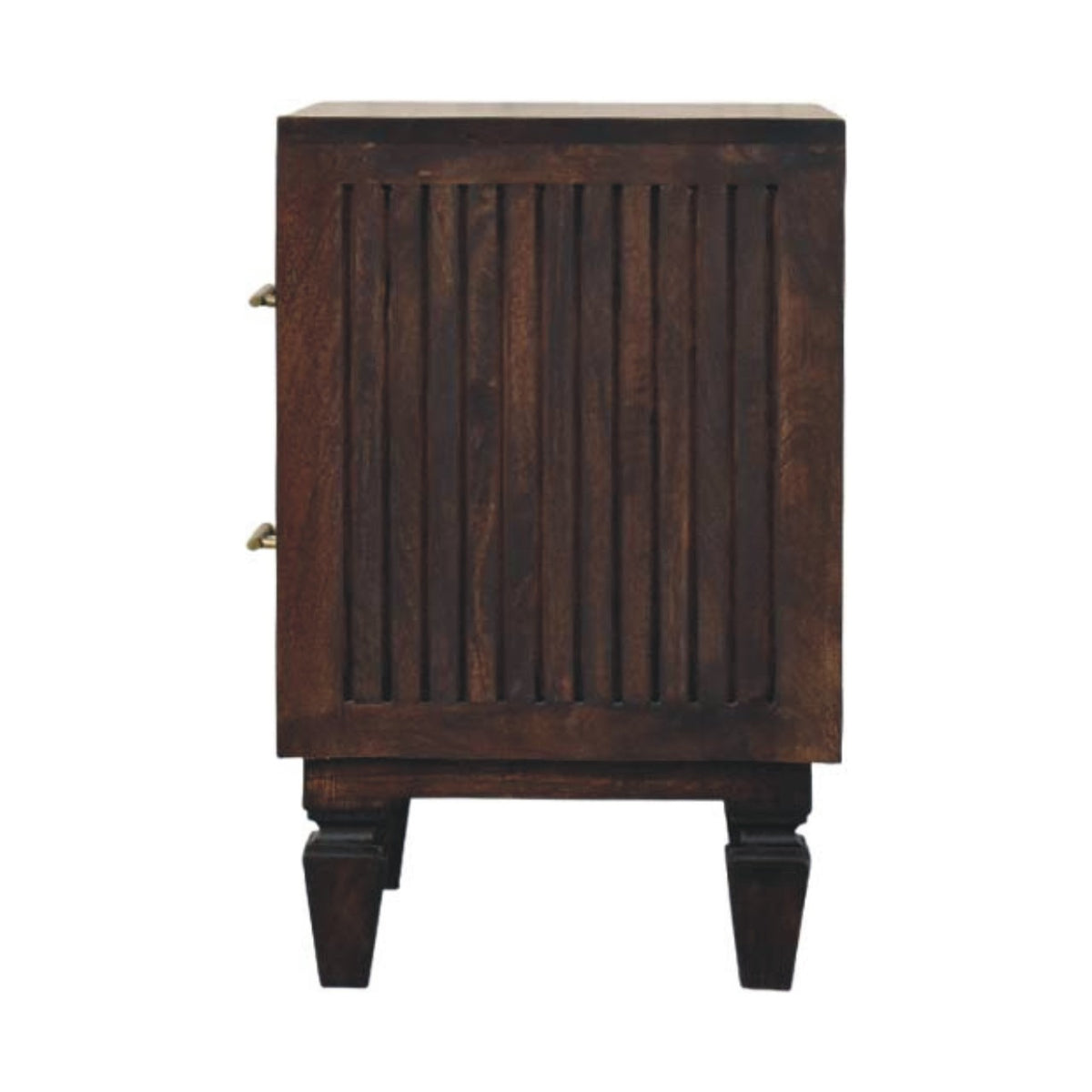 Side view of the fluted nightstand showing fluted side panel and tapered legs