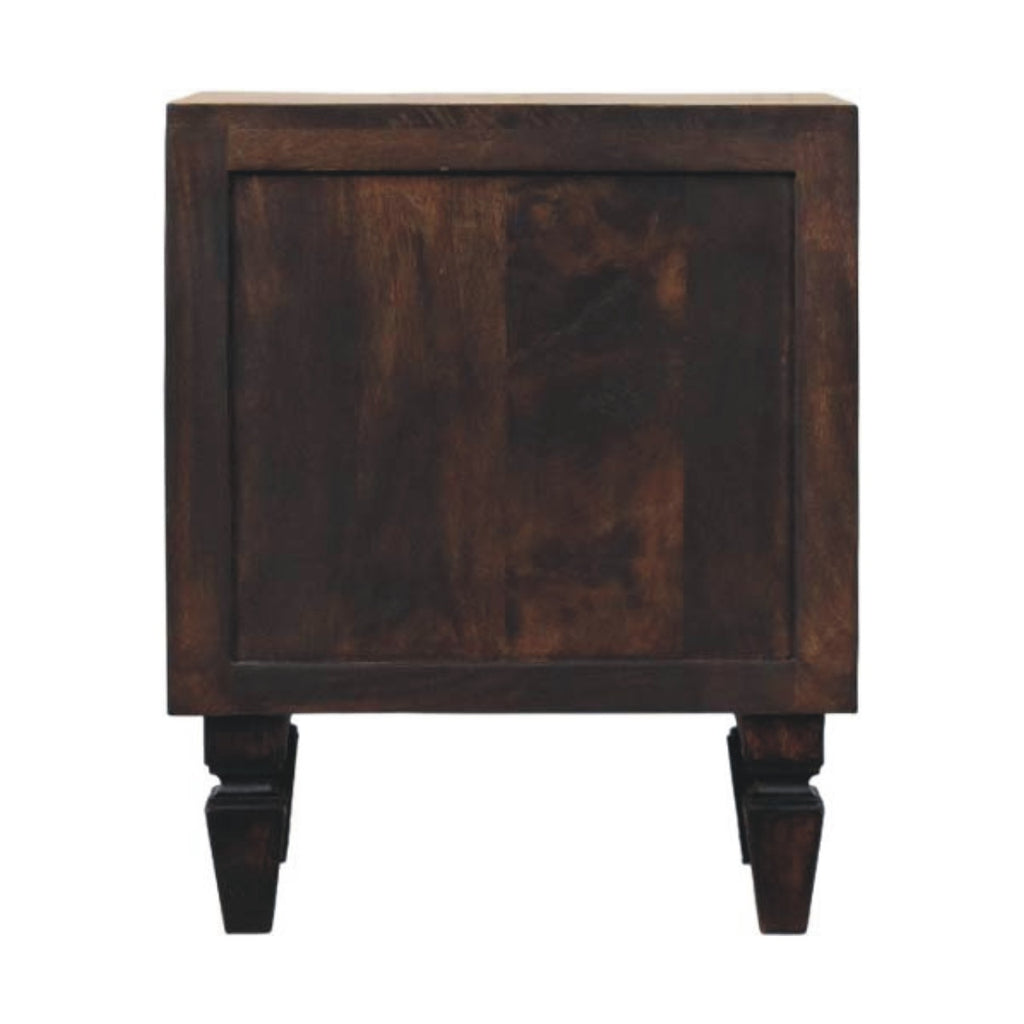 Back view of the fluted nightstand, plain panel and tapered legs
