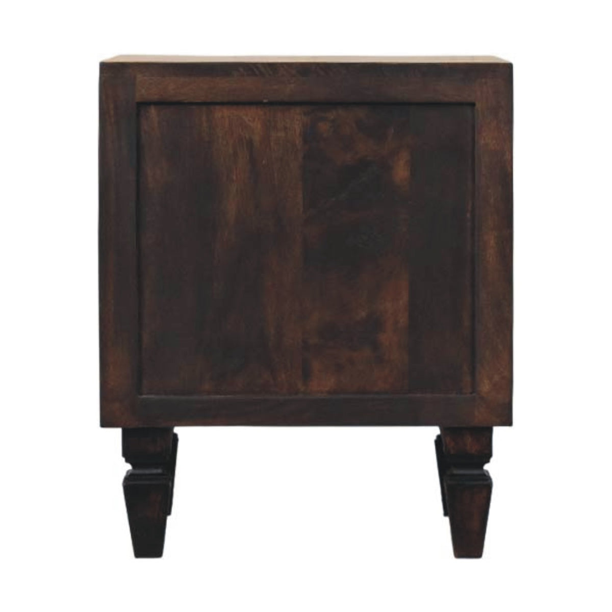 Back view of the fluted nightstand, plain panel and tapered legs