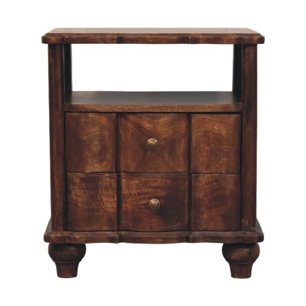 Wide bedside table with an open shelf above two wavy panelled drawers with brass knobs, on turned feet, front view