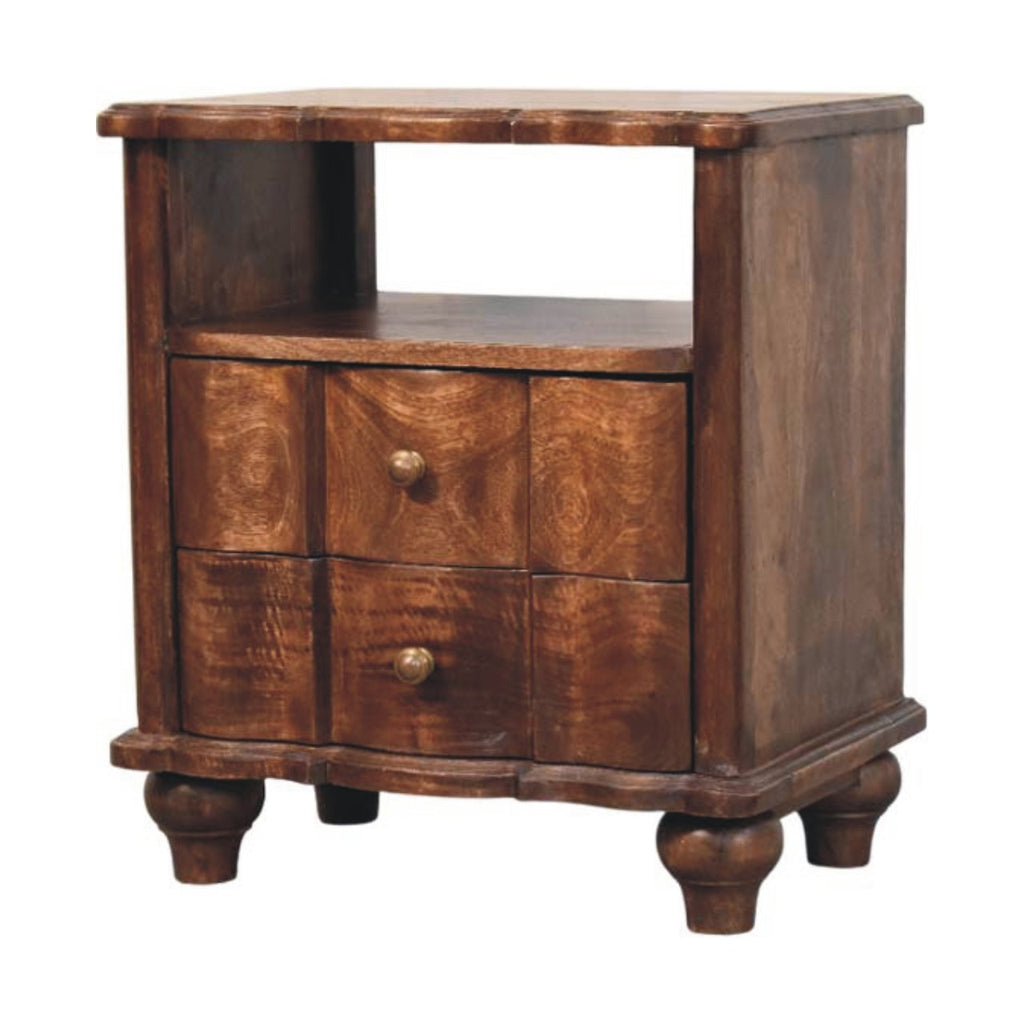 Wide bedside table with open shelf and two drawers, three-quarter view from the other side