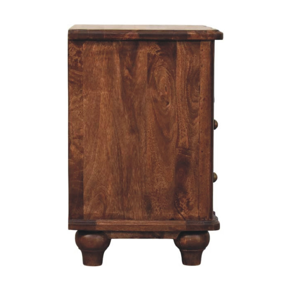 Side view of the brown bedside table with plain side panel, knobs at the edge and turned feet