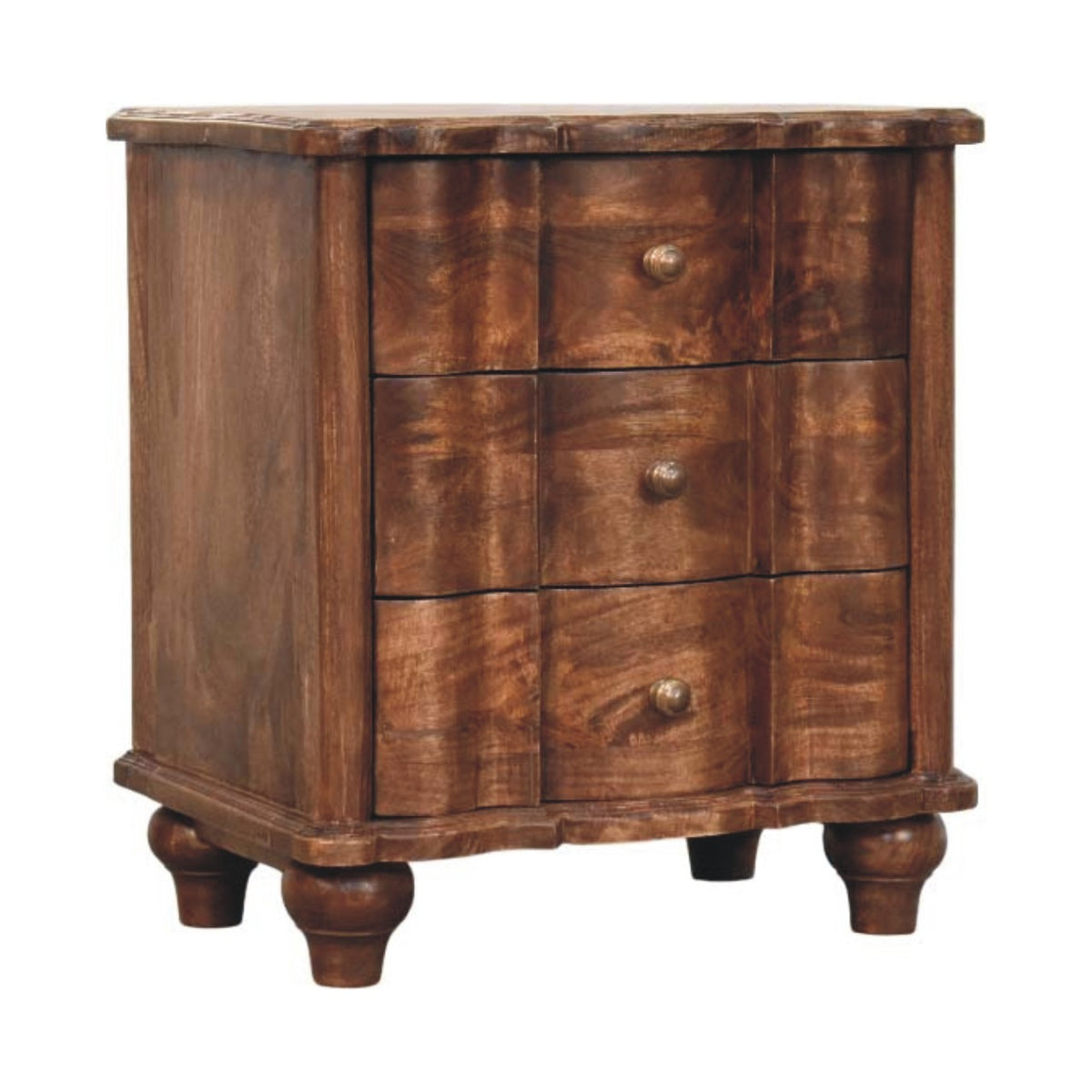 Three-drawer bedside table with wavy front and scalloped top edge, three-quarter view from the other side